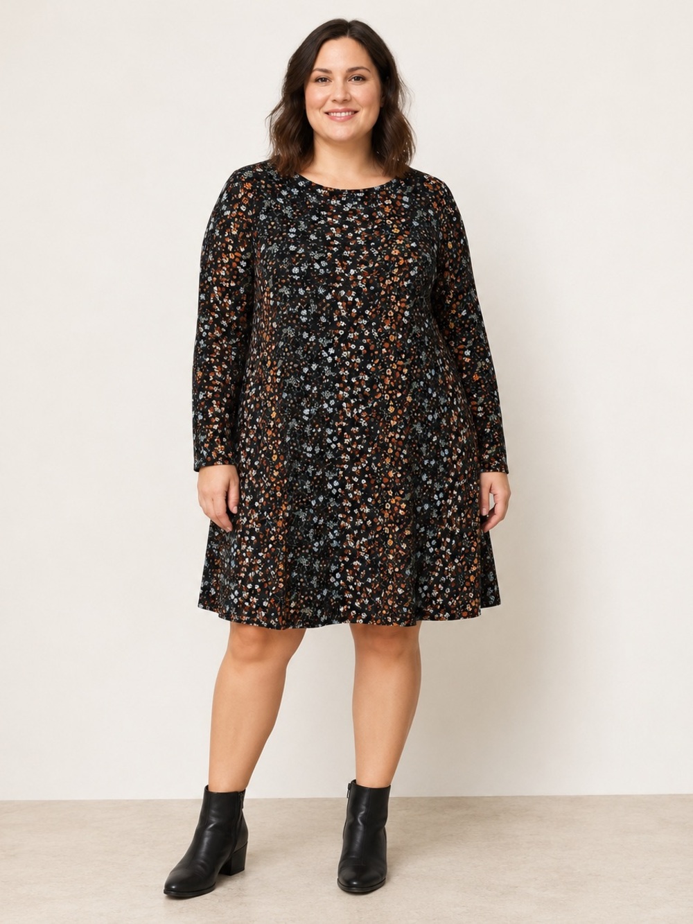 XL Black Ditsy Floral Long Sleeve Swing Dress